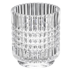 Este vaso de baño de vidrio tallado combina funcionalidad y estilo con un diseño elegante. Su textura geométrica y acabado brill