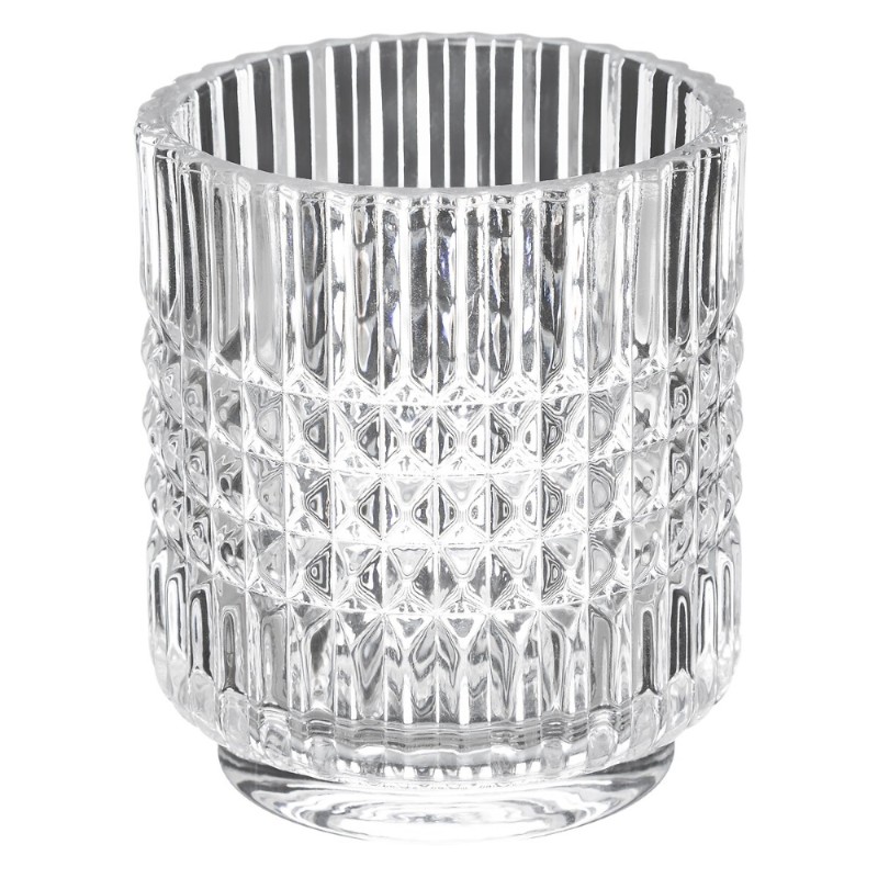 Este vaso de baño de vidrio tallado combina funcionalidad y estilo con un diseño elegante. Su textura geométrica y acabado brill