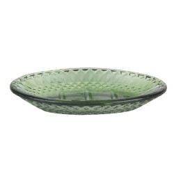Jabonera Dakar elaborada en cristal color verde. Elegante moderna y atractiva, Su forma oval contiene en la parte superior relie