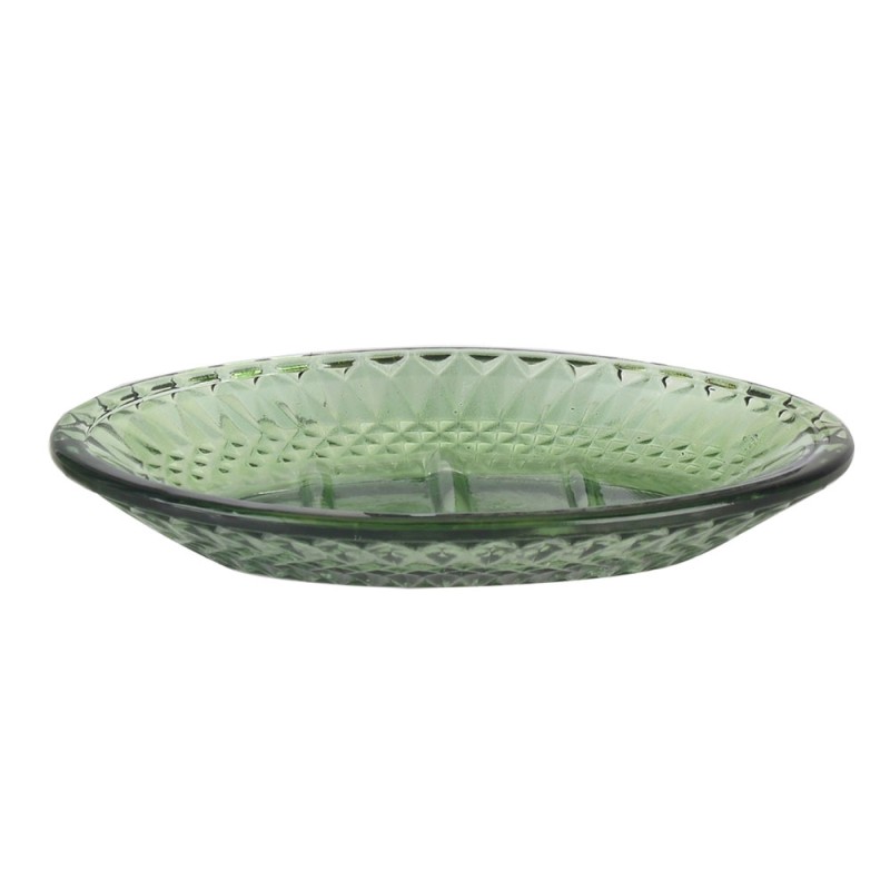 Jabonera Dakar elaborada en cristal color verde. Elegante moderna y atractiva, Su forma oval contiene en la parte superior relie