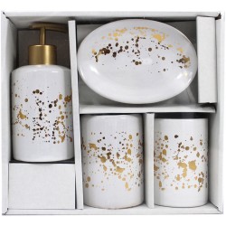 El set de baño de 4 piezas con diseño moderno en blanco con detalles dorados. Incluye: dispensador, portacepillos, jabonera y va