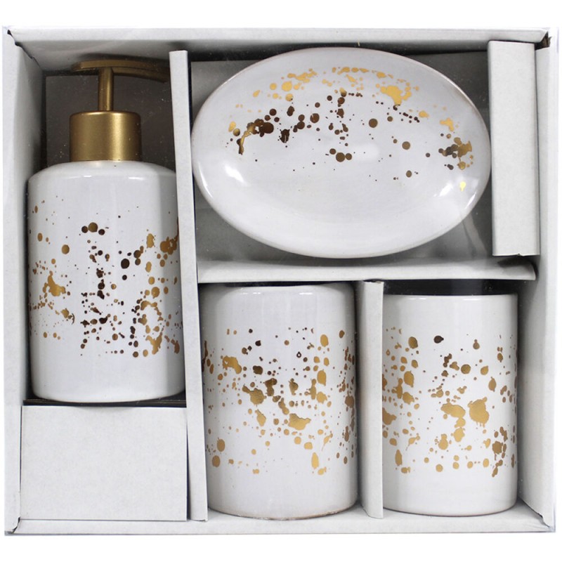 El set de baño de 4 piezas con diseño moderno en blanco con detalles dorados. Incluye: dispensador, portacepillos, jabonera y va