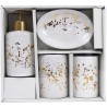 El set de baño de 4 piezas con diseño moderno en blanco con detalles dorados. Incluye: dispensador, portacepillos, jabonera y va