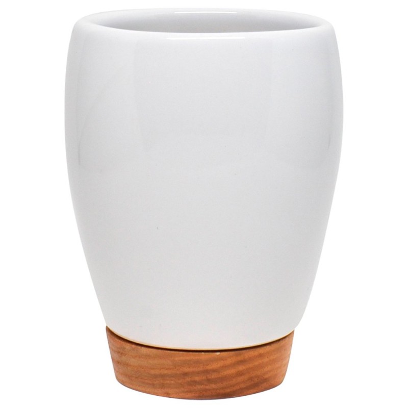 Es un elegante recipiente de cerámica con diseño minimalista, ideal para enjuagues o para guardar cepillos de dientes, aporta es