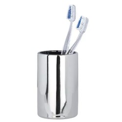 Vaso de higiene dental polaris color cromo para guardar los cepillos y la pasta dental, elaborado con plástico con un acabado su