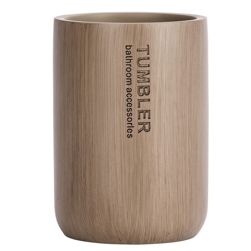 Vaso de higiene dental color madera con bambú para guardar los cepillos y la pasta dental, elaborado con poliresina con un acaba
