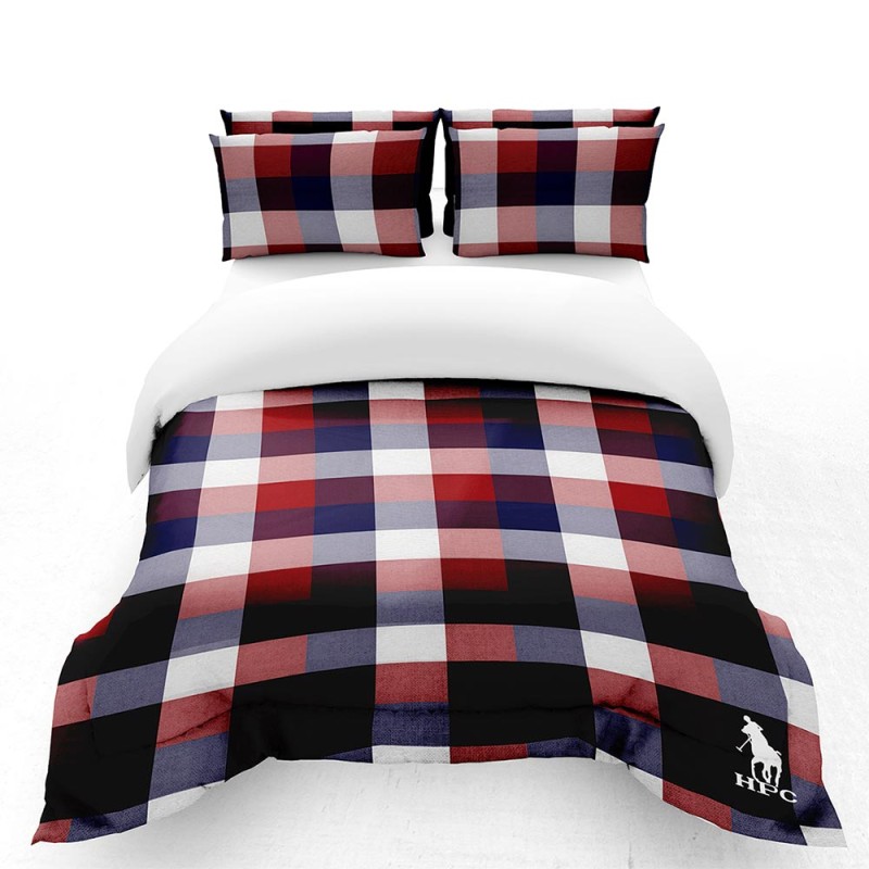 Kit de edredón decorativo mat/queen cuadros rojo/azul polo hpc con diseños exclusivos que incluye un juego de sábanas y un cojín