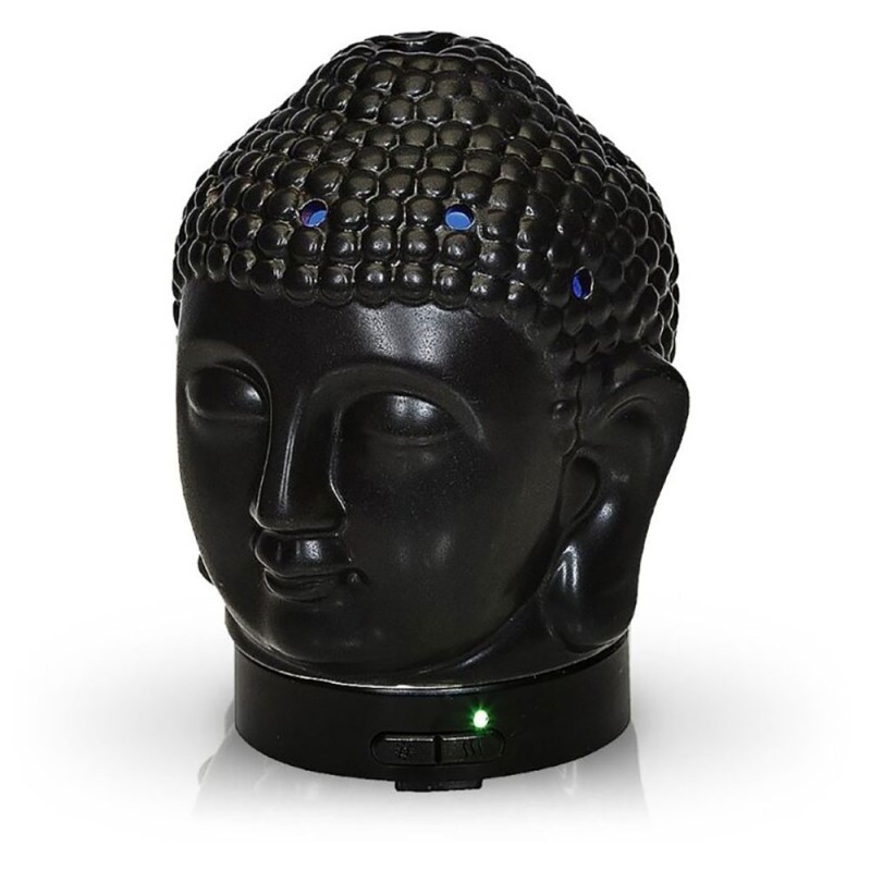 El difusor ultrasónico combina el poder de la aromaterapia con el diseño elegante de una cabeza de Buda en cerámica dorada, idea