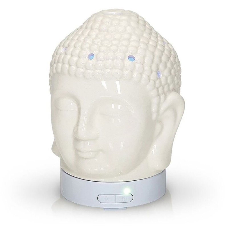 El difusor ultrasónico combina el poder de la aromaterapia con el diseño elegante de una cabeza de Buda en cerámica dorada, idea