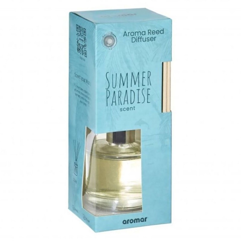 Transforma tu espacio en un escape tropical con el Difusor de Ratán de 100 ml con aroma Paraíso de Verano. Su fragancia exótica 