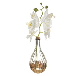 Esta orquídea artificial "Edi" está formada por un frasco de vidrio veteado con una base pintada y delicadamente patinada. Su cu