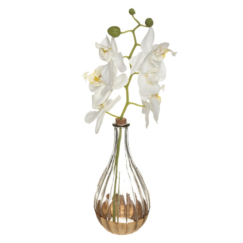 Esta orquídea artificial "Edi" está formada por un frasco de vidrio veteado con una base pintada y delicadamente patinada. Su cu