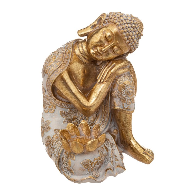 Fabricada en resina, esta estatuilla "Buda" tiene un rostro dulce y un acabado en tonos preciosos, realzado por detalles hechos 