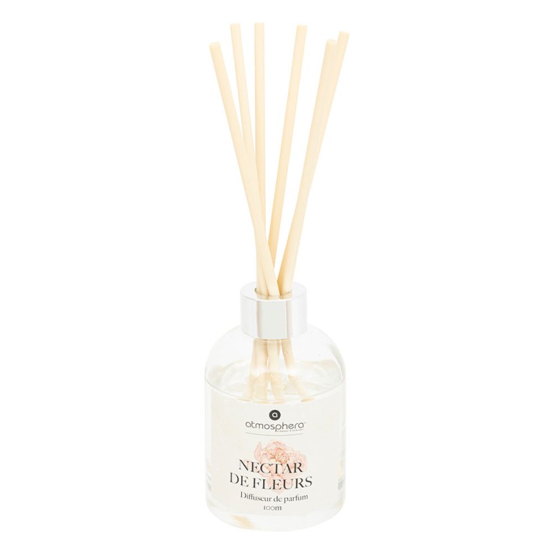 Con un frasco de cristal decorado con motivos florales y seis varillas de ratán, este difusor libera un delicado aroma a peonía 