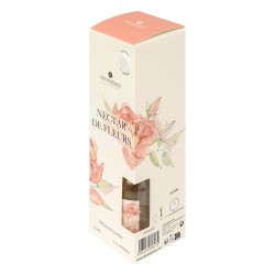 Con un frasco de cristal decorado con motivos florales y seis varillas de ratán, este difusor libera un delicado aroma a peonía 