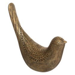 La figura decorativa pájaro de poliresina con acabado metálico y grabados decorativos es perfecta para estanterías o aparadores.