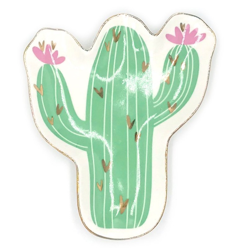 Este encantador joyero con forma de cactus está elaborado en cerámica con un alegre diseño verde, detalles en dorado y flores ro