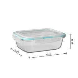 Este contenedor rectangular de 2.2 litros, fabricado en vidrio resistente, es la opción ideal para almacenar alimentos de forma 
