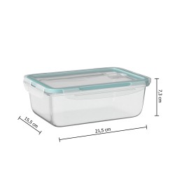 Este contenedor rectangular de 1.1 litros, fabricado en vidrio resistente, es la opción ideal para almacenar alimentos de forma 