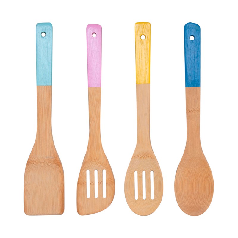 Set de 4 utensilios para cocina, bambu con acabado color pastel, volteador, cuchara para servir, cuchara ranudara y pala ranurad