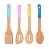 Set de 4 utensilios para cocina, bambu con acabado color pastel, volteador, cuchara para servir, cuchara ranudara y pala ranurad