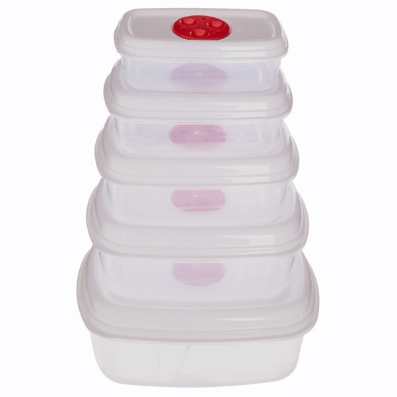 El juego de 5 contenedores, ideales para almacenar y conservar alimentos de manera organizada. Su diseño práctico y apilable opt