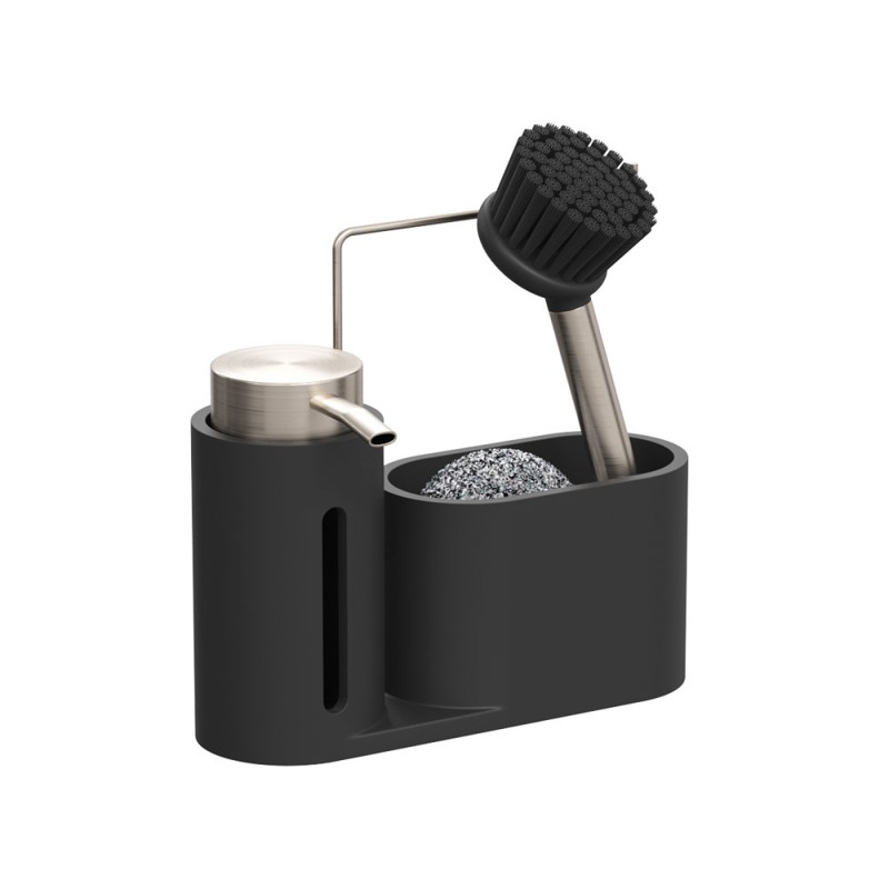 El dispensador de jabón con accesorios de cocina incluye cepillo, esponja metálica y base organizadora. Su diseño compacto y mod