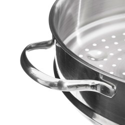 La vaporera de 28 cm, ideal para cocinar al vapor de manera saludable y conservar los nutrientes de los alimentos. Su diseño res