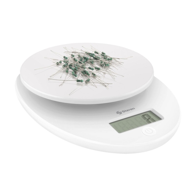Báscula digital de alta precisión con una resolución de 1 gramo y capacidad de hasta 5 kg. Ideal para medir ingredientes, químic