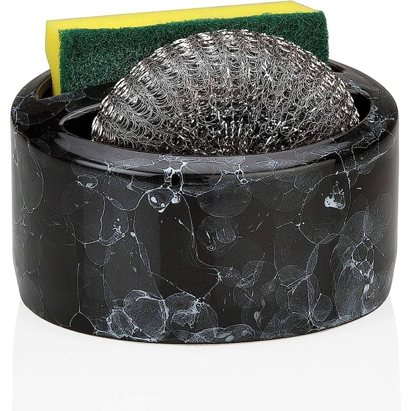 El porta esponja Bubble de cerámica en color negro es un accesorio elegante y funcional para el fregadero. Su diseño compacto pe