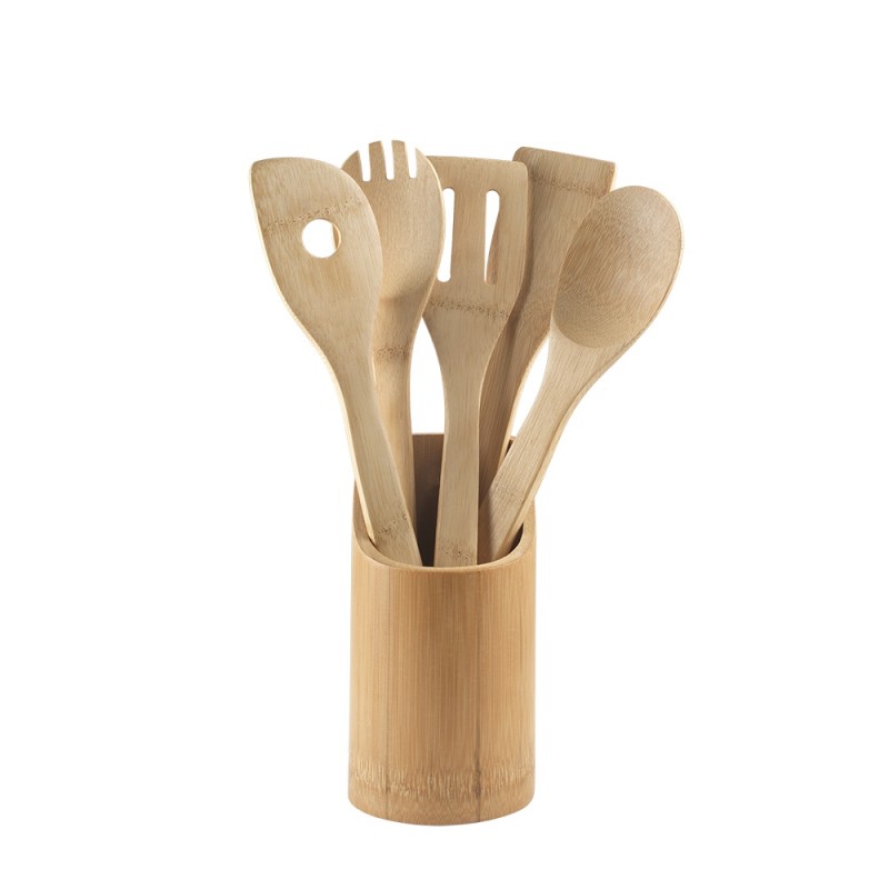 Set de 5 utensilios de bambú ideal para cocinar sin dañar tus sartenes y ollas. Resistentes, ligeros y ecológicos, perfectos par