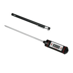 Termómetro de cocina digital con tapa de protección. Tipo aguja requiere de baterías no incluidas, con instructivo de uso. De 2°