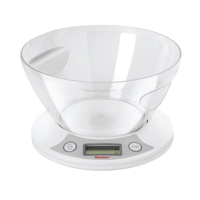 Bascula digital de cocina con recipiente removible, pantalla LCD, Pesa a partir de 5 Gramos hasta 5 Kilos, función Tara para aña