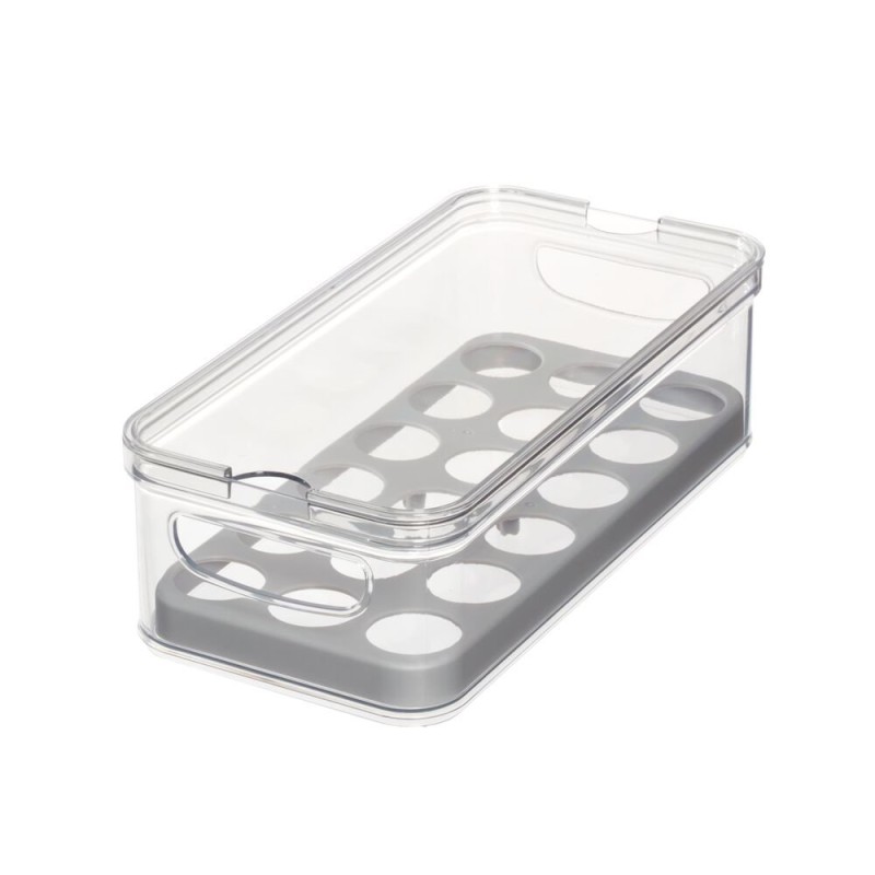 Este contenedor organizador almacena hasta 18 huevos en el refrigerador y su diseño apilable maximiza el espacio de almacenamien