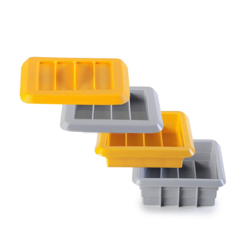 Kit con 3 moldes de silicona para preparar hasta 12 barritas energéticas al mismo tiempo. Los moldes son apilables y compactos, 