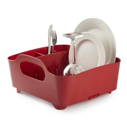 El escurridor Tub es fácil de limpiar y tiene un soporte para utensilios incorporado, un canaleta auto drenante y manijas de fác