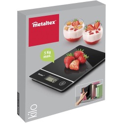 Báscula digital de vidrio templado metaltex con capacidad máxima de peso hasta 5 kilos con display digital para lectura fácil. L
