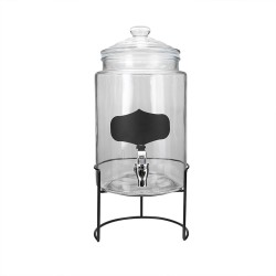 Despachador de liquidos de vidrio con tapa y base metalica negra, util en el hogar o negocio, con dosificador, Home Sweet Home.