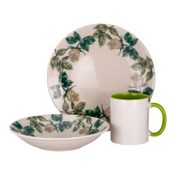 Vajilla de cerámica 12 piezas, marca Anfora, modelo Otoño, 4 platos trinche, 4 platos soperos, 4 tazas. Decorada diseño único pa