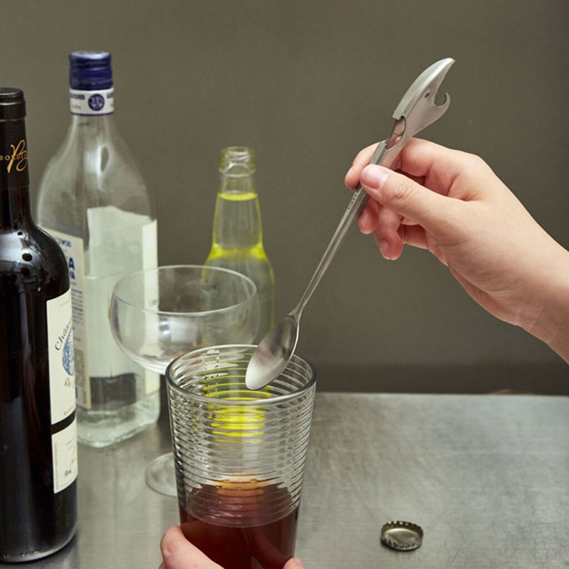 Pasa de preparar cócteles a abrir botellas y latas con un simple gesto. Cuchara de bar, abrebotellas y abrelatas de acero inoxid