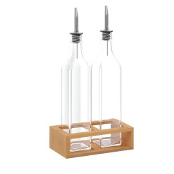 Completa tu mesa con este juego de aceitera y vinagrera con base de bambú de la marca 5FIVE. Fabricado en vidrio y bambú, ofrece