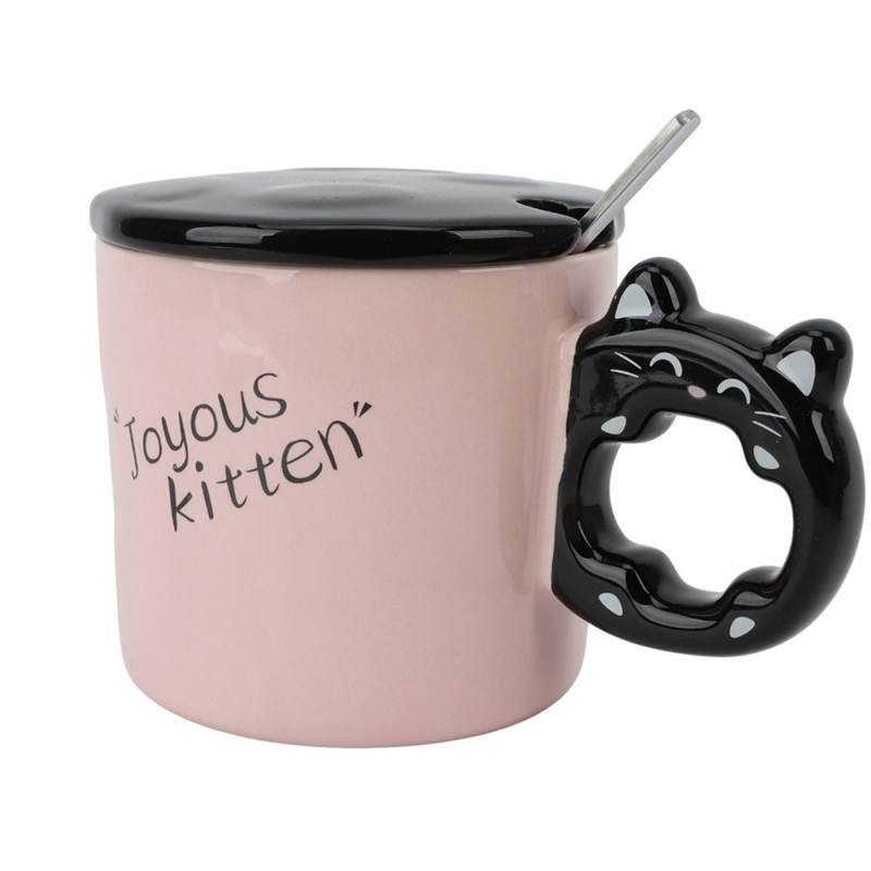 Dale un toque encantador a tus mañanas con esta adorable taza de gato, acompañada de una tapa en color negro