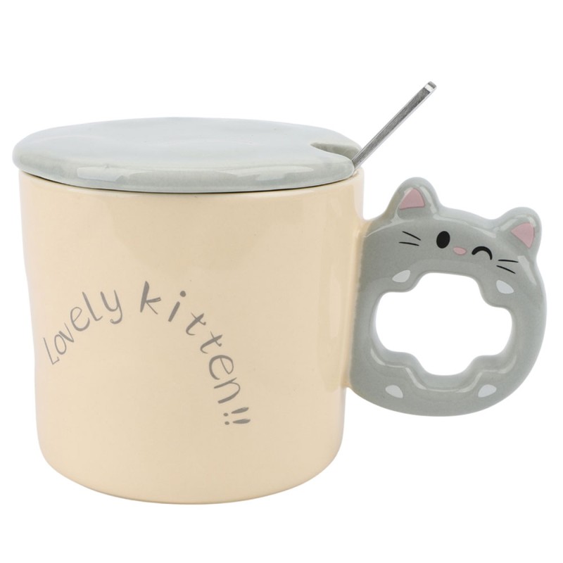 Dale un toque encantador a tus mañanas con esta adorable taza de gato, acompañada de una tapa en color Azul