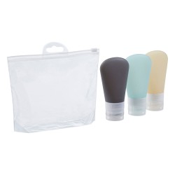 Lleva tus productos favoritos a donde vayas con este práctico kit de botellas para viaje. Incluye 3 botellas de silicona suave y