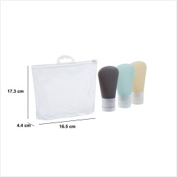 Lleva tus productos favoritos a donde vayas con este práctico kit de botellas para viaje. Incluye 3 botellas de silicona suave y