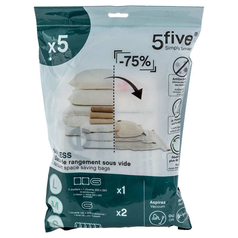 Maximiza el espacio en tu clóset o maleta con este práctico juego de 5 bolsas de alto vacío, ideales para guardar ropa, cobijas 